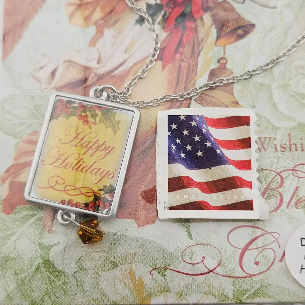 Happy Holidays Pendant Necklace Silver Tone Chain Vintage Look Christmas NWT
